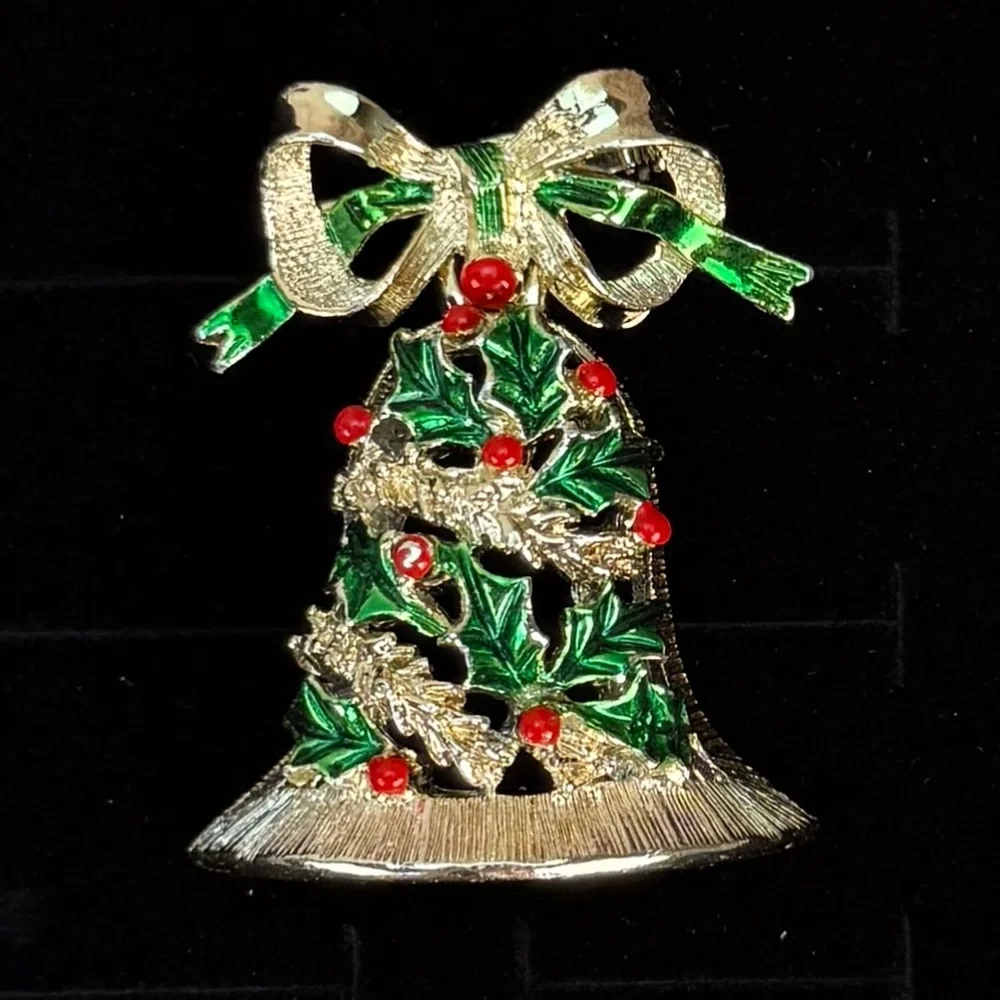 Vintage goldtone, movable, holiday festive Christmas, red, green, bell brooch